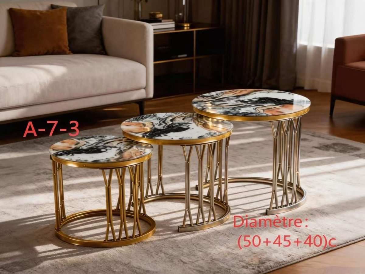 Table Basse Gigogne 3 en 1 – Plateau Effet Marbre & Structure Métallique Dorée