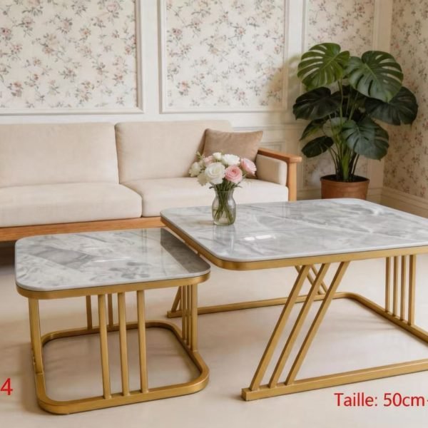 Table Centrale Gigogne 2 en 1 – Plateau Effet Marbre & Pieds Métal Doré